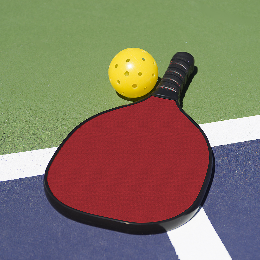 Simple composition of a pickleball paddle and pickleball setting on a colorful pickleball court.