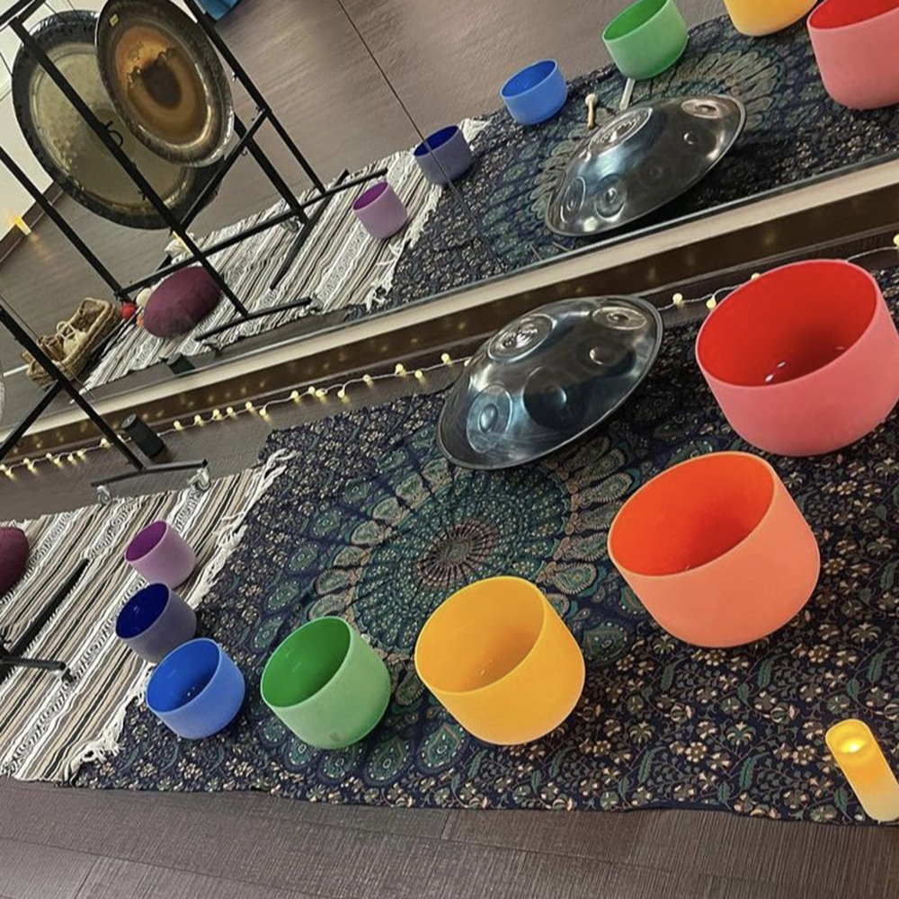 colorful singing bowls on the floor