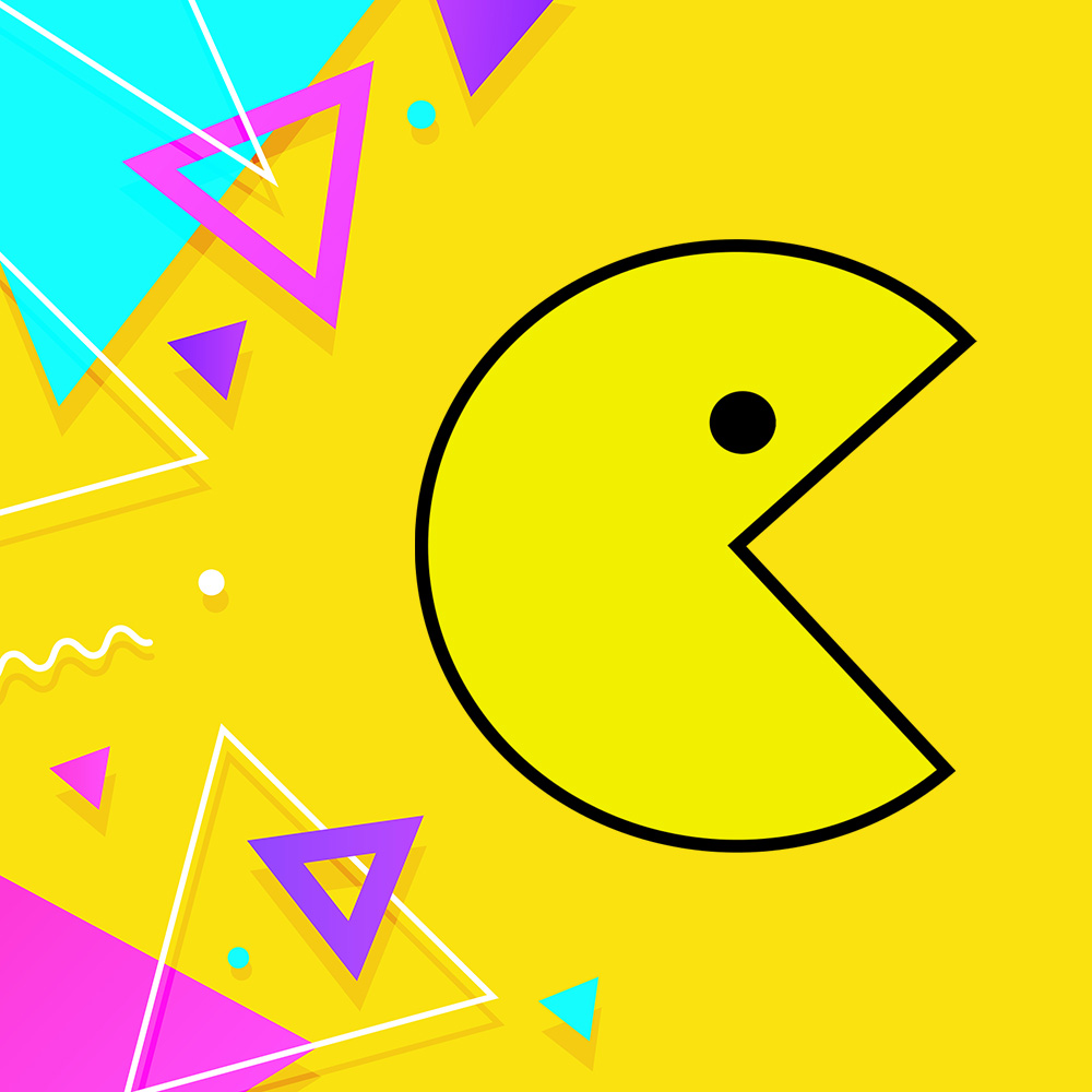 80s themed yellow background with pacman image