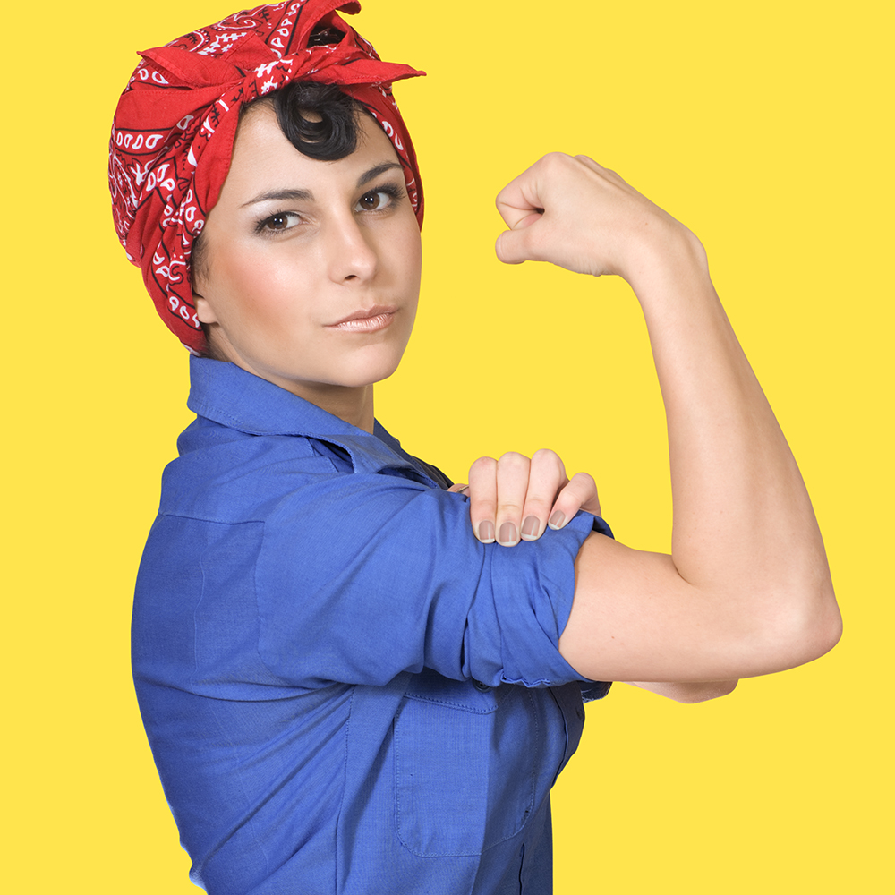 Classic World War II poster featuring Rosie the Riveter flexing her arm muscles against a yellow background. Includes clipping path
