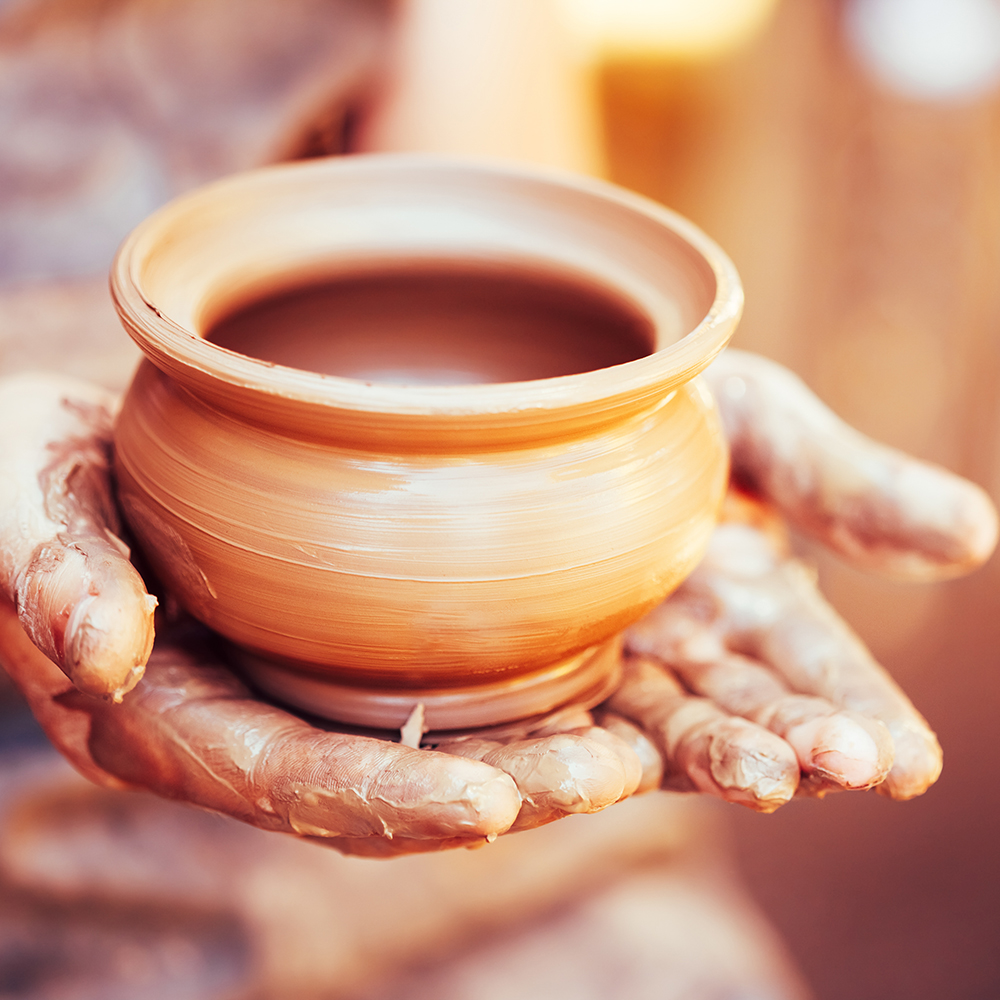 Pottery Craft Ceramic Clay In Potter Human Hand. Toned Instant Photo