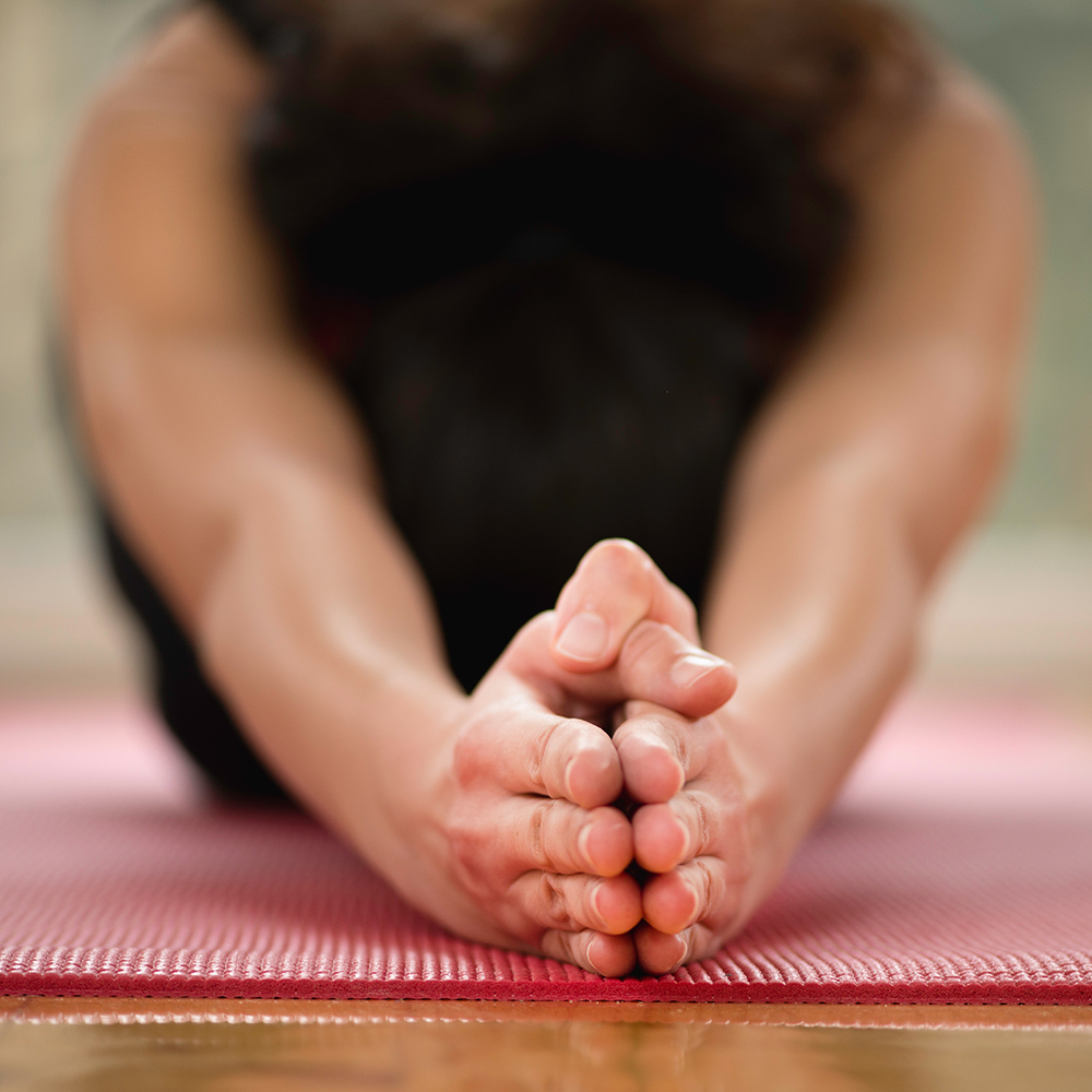 Half Tortoise Yoga Posture Ardha Kurmasana. Focus on hands practitioner blurred
